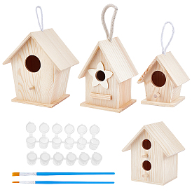NBEADS DIY Watercolor Oil Painting Kits, Including Unfinished Natural Wooden Hanging Bird House, Plastic Paint Pots Strips, Brushes Pen
