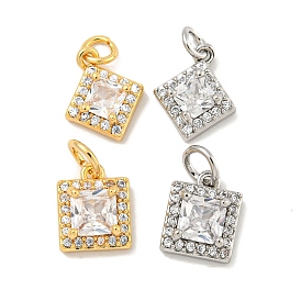 Brass Micro Pave Clear Cubic Zirconia Pendants, with Jump Ring, Square/Rhombus