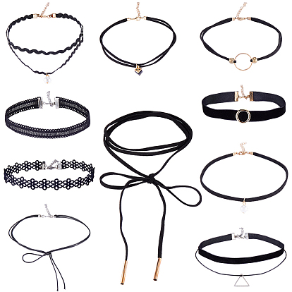 10шт. 10 стили готические чокеры из полиэстеровой кружевной ткани, со смолой и сплавочной фурнитурой, платиной и золотом, разнообразные