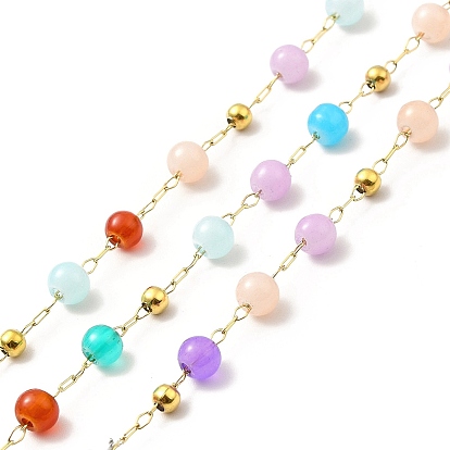 Handmade Natural Malaysia Jade Beaded Chains, Ion Plating(IP) 316 Surgical Stainless Steel Chains, Soldered, Real 18K Gold Plated, with Spool, Round