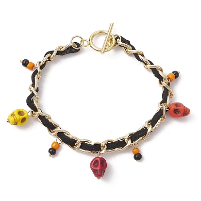 Halloween Aluminium Twisted Curb Chains Bracelets, with Glass Seed and Dyed Synthetic Turquoise Skull Beads and Toggle Clasps