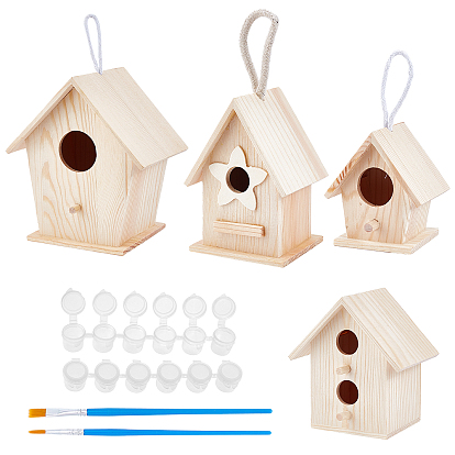 DIY Watercolor Oil Painting Kits, Including Unfinished Natural Wooden Hanging Bird House, Plastic Paint Pots Strips, Brushes Pen
