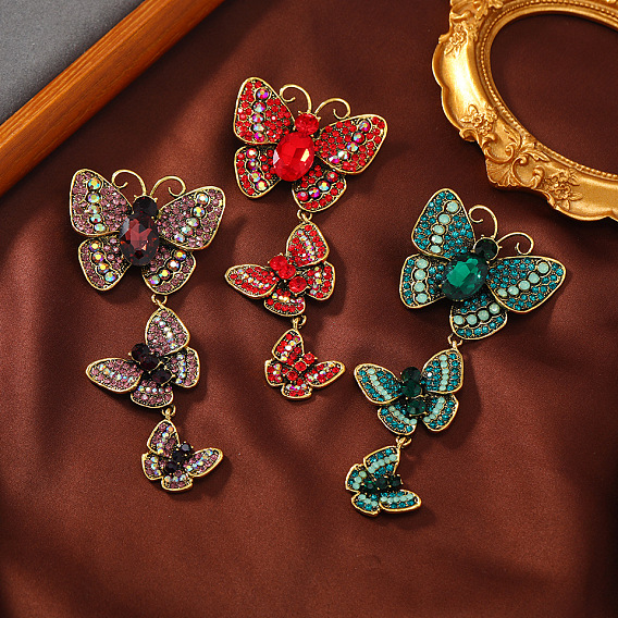 Creative Long Alloy Triple Butterfly Brooch, Rhinestone Retro Insect Brooch, for Ceremony Banquet Suit Accessory