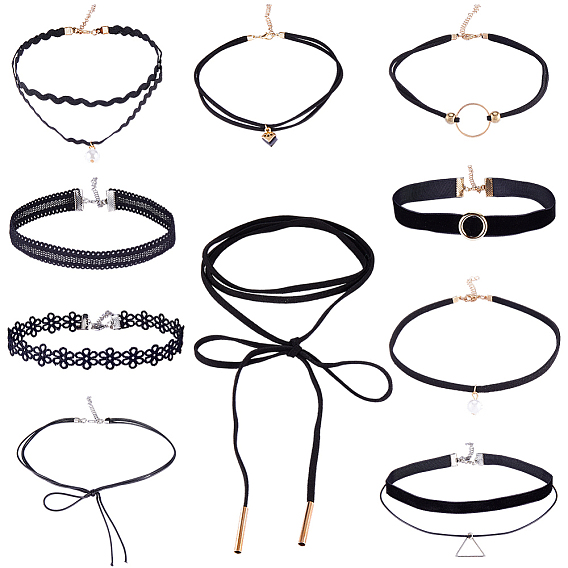 10шт. 10 стили готические чокеры из полиэстеровой кружевной ткани, со смолой и сплавочной фурнитурой, платиной и золотом, разнообразные