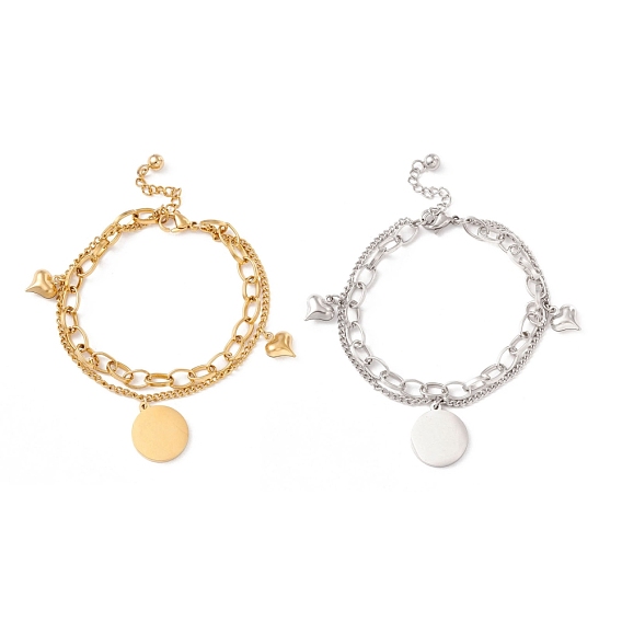 304 Stainless Steel Chain Multi-strand Bracelet with Flat Round & Heart Charms for Women
