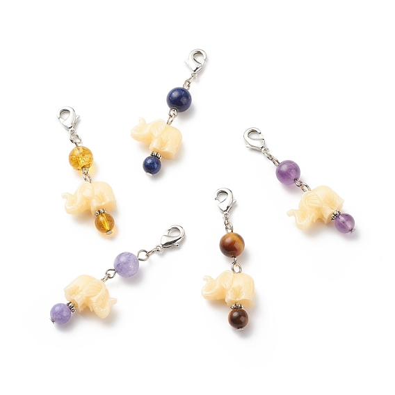 Natural Gemstone Beaded Pendant Decorations, with Resin Alephant, Lobster Clasp Charms, Clip-on Charms, for Keychain, Purse, Backpack Ornament, Stitch Marker