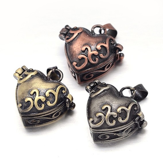 Carved Heart Rack Plating Brass Prayer Box Pendants, Wish Box, Nickel Free, 20x22x12mm, Hole: 5x3mm