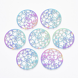 Ion Plating(IP) 201 Stainless Steel Filigree Joiners Links, Etched Metal Embellishments, Flat Round with Star