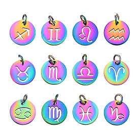 12Pcs 12 Style Rainbow Color Ion Plating(IP) 201 Stainless Steel Charms, with Jump Rings, Flat Round with Constellation/Zodiac Sign