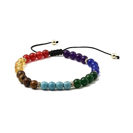 Natural & Synthetic Mixed Stone Round Braided Bead Bracelet, Chakra Theme Adjustable Bracelet