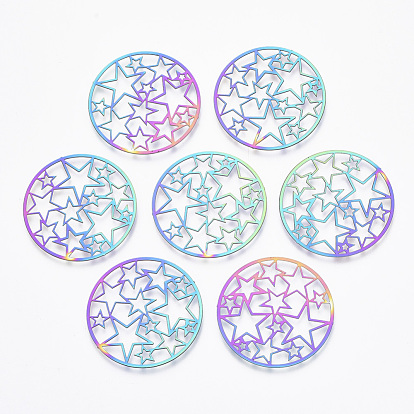 Ion Plating(IP) 201 Stainless Steel Filigree Joiners Links, Etched Metal Embellishments, Flat Round with Star