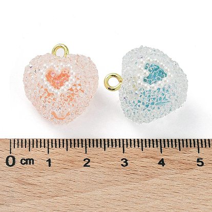 Druzy Resin Pendants, Heart Charms with Plastic Pearl and Rack Plating Golden Tone Brass Loops