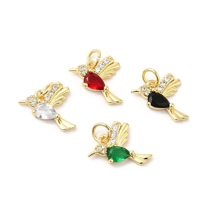 Real 16K Gold Plated Brass Micro Pave Cubic Zirconia Pendants, with Jump Ring, Hummingbird Charms