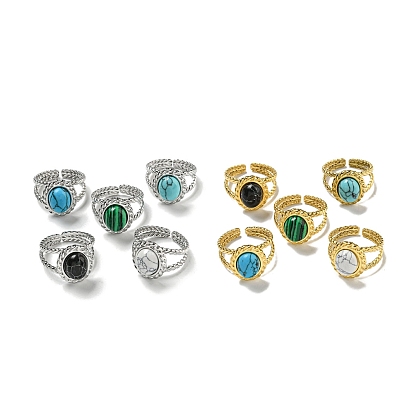 304 открытые манжеты из нержавеющей стали, Овальные кольца на палец из синтетического малахита и бирюзы для женщин и мужчин