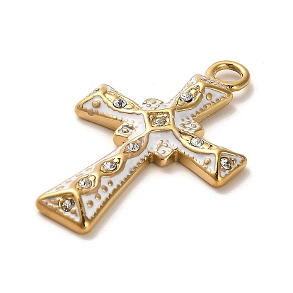 Real 18K Gold Plated 304 Stainless Steel Pendants, with Rhinestone, Cross