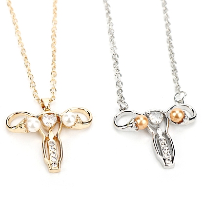 Crystal Rhinestone Female Uterus Pendant Necklace with Imitation Pearl, Alloy Feminism Jewelry for Women