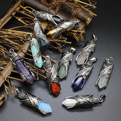 Gemstone Pointed Pendants, Faceted Bullet Charms with Antique Silver Plated Brass Wings
