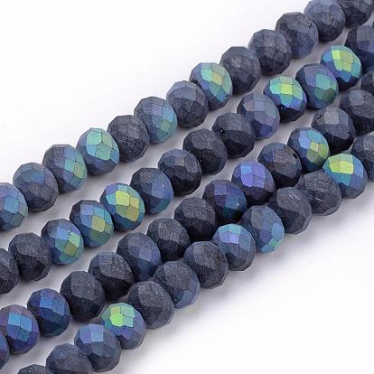 Electroplate Glass Beads Strands, Faceted, Half Plated, Matte Style, Rondelle