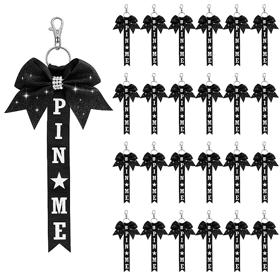 24Pcs Polyester & Rhinestone Keychains, Bowknot, Platinum