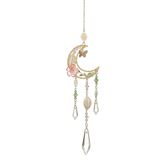 Brass Moon Sun Leaf & Acrylic Flower Suncatcher, Glass Cone Charm Prism Window Wall Hanging Ornament