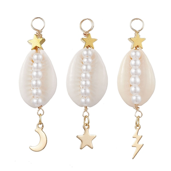 3 шт. 3 стили подвески из натуральной ракушки каури, обернутые медной проволокой, стеклянные жемчужины, подвески в форме ракушки с подвесками из нержавеющей стали в виде звезд, луны и молний