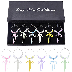 6 шт. 6 подвески для бокалов вина из цветного сплава с эмалью в виде банта из стекла и бисера, с латунным кольцом-подвеской для бокала для вина, платина