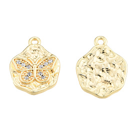 Brass Micro Pave Clear Cubic Zirconia Pendants, Nickel Free, Textured, Flat Round with Butterfly