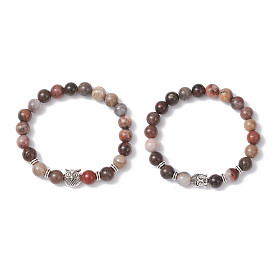 Круглые эластичные браслеты из натурального окаменевшего дерева, Бисерные украшения из сплава в тибетском стиле для унисекс