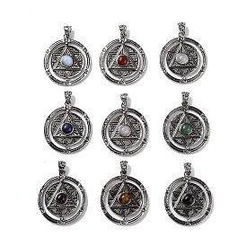 Gemstone Pendants, Flat Round with Hexagram Charms, with Antique Silver Plated Alloy Findings