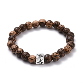 Waxed Natural Bodhi Wood Round Beads Stretch Bracelet, Om Symbol Alloy Cube European Beads Yoga Bracelet for Men Women