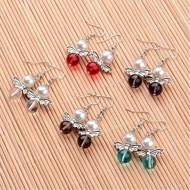 Angel Transparent Glass Beaded and Glass Pearl Beaded Dangle Earrings, with Metal Findings and Brass Earring Hooks, 49mm, Pin: 0.7mm