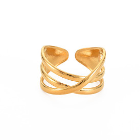 Ion Plating(IP) 304 Stainless Steel Criss Cross Wide Open Cuff Ring for Women, Nickel Free