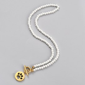 304 Stainless Steel Pendant Necklaces, with Acrylic Imitation Pearl Round Beads and Toggle Clasps, Flat Round with Dog Paw Print, White