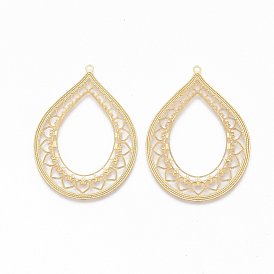 304 Stainless Steel Filigree Pendants, Textured, Teardrop with Lace