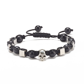 Round Synthetic Turquoise(Dyed) Braided Bead Bracelet with Alloy Skull, Gemstone Adjustable Bracelet for Women