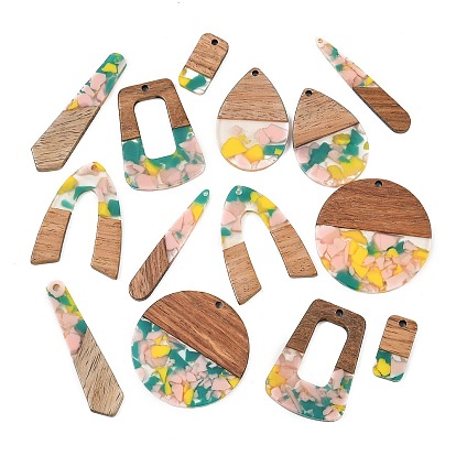 Walnut Wood & Transparent Resin Pendants, Mixed Shapes Charm