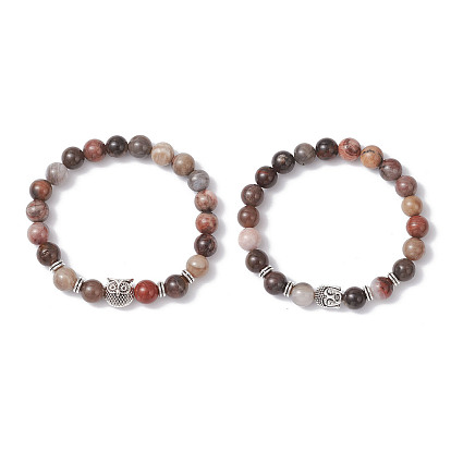 Круглые эластичные браслеты из натурального окаменевшего дерева, Бисерные украшения из сплава в тибетском стиле для унисекс
