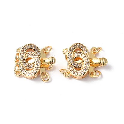 Rack Plating Brass Micro Pave Clear Cubic Zirconia Box Clasps, 3-Strand, 6-Hole, Long-Lasting Plated, Double Number 0