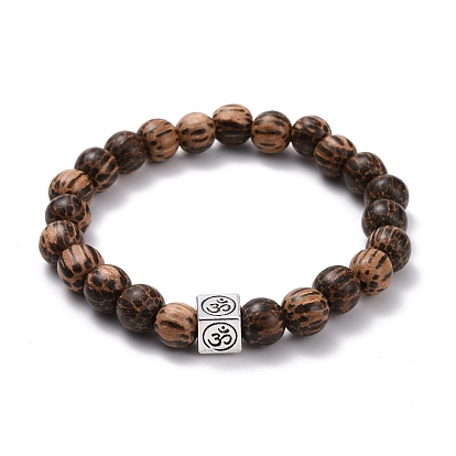 Waxed Natural Bodhi Wood Round Beads Stretch Bracelet, Om Symbol Alloy Cube European Beads Yoga Bracelet for Men Women