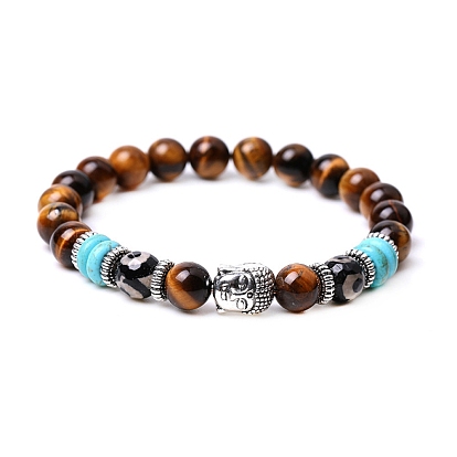 Natural Mixed Gemstone & Synthetic Turquoise Stretch Bracelet, Buddhist Head Alloy & dZi Bracelet