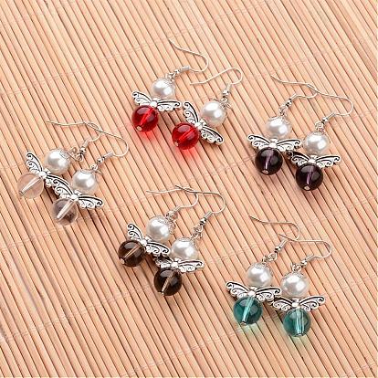 Angel Transparent Glass Beaded and Glass Pearl Beaded Dangle Earrings, with Metal Findings and Brass Earring Hooks, 49mm, Pin: 0.7mm