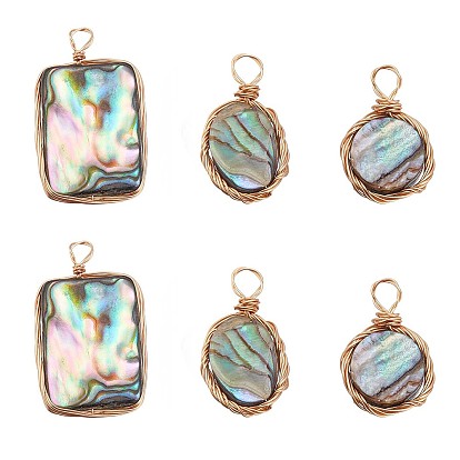 6Pcs 3 Style Natural Abalone Shell/Paua Shell Pendants, with Copper Wire, Flat Round & Oval & Rectangle