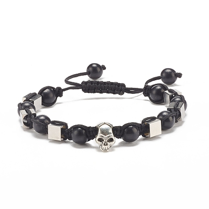 Round Synthetic Turquoise(Dyed) Braided Bead Bracelet with Alloy Skull, Gemstone Adjustable Bracelet for Women