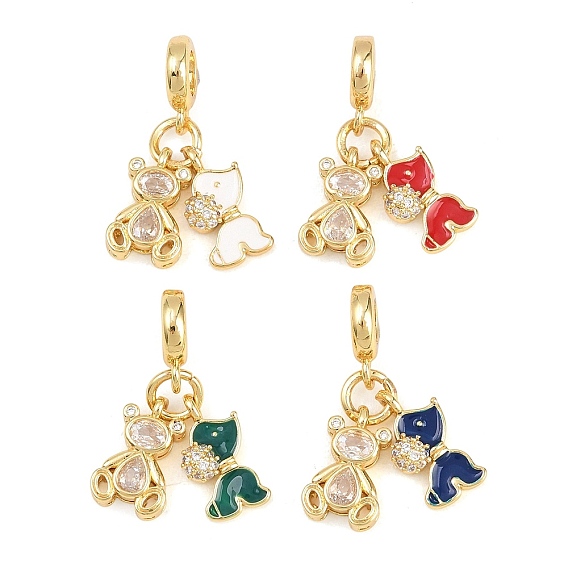 Латунные подвески с прозрачными кубическими циркониями в виде животных, выполненные в европейском стиле., Милые кулоны с большими отверстиями в виде медведя и собаки, украшенные эмалью., реальный 18 k позолоченный, долговечный, стойки покрытие, без свинца и без кадмия