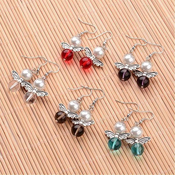Angel Transparent Glass Beaded and Glass Pearl Beaded Dangle Earrings, with Metal Findings and Brass Earring Hooks, 49mm, Pin: 0.7mm