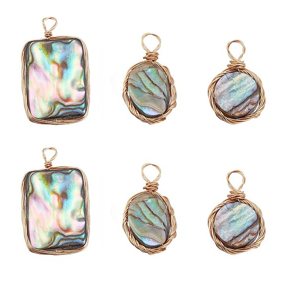 6Pcs 3 Style Natural Abalone Shell/Paua Shell Pendants, with Copper Wire, Flat Round & Oval & Rectangle