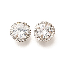 Brass Micro Pave Clear Cubic Zirconia Buttons, Long-Lasting Plated, Cadmium Free & Lead Free, Flat Round