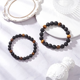 2 шт. 2 стили наборы круглых браслетов из натуральной лавы и тигрового глаза с эластичными бусинами для женщин и мужчин