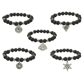 Natural Lava Rock Beaded Stretch Bracelet with Alloy Charms