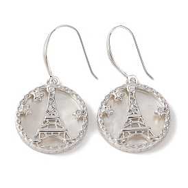 925 Sterling Silver Flat Round with Eiffel Tower Dangle Earrings, with Freshwater Shell & Clear Cubic Zirconia